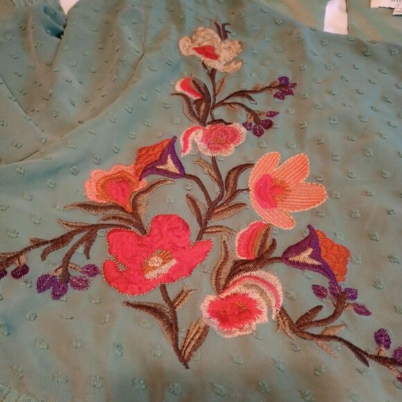 Umgee Embroidered Mini Dress Flutter Bell Sleeve Floral Swiss dot XL Green Event - Picture 4 of 9